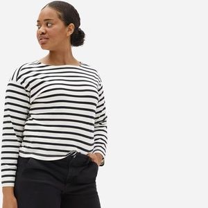 Everlane Modern Breton Striped Boatneck Longsleeve Tee, White and Blue Size S